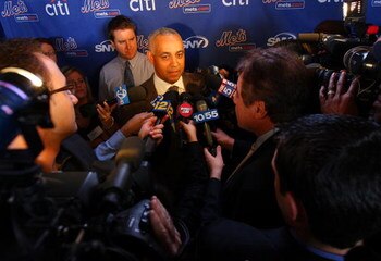 LONG ISLAND CITY, NY - DECEMBER 17:  General Manager Omar Minaya speaks to the media during a press conference to introduce Francisco Rodriquez on December 17, 2008 at the Citigroup Building in New York City.  (Photo by Mike Stobe/Getty Images)