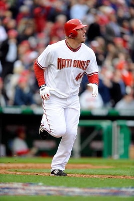 WASHINGTON - APRIL 13:  Adam Dunn #44 of the Washington Nationals hits a home run in the seventh inning against the Philadelphia Phillies at Nationals Park on April 13, 2009 in Washington, DC.  (Photo by Greg Fiume/Getty Images)
