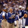 INDIANAPOLIS - NOVEMBER 16:  Payton Manning #18 of the Indianapolis Colts talks over a play with Head Coach Tony Dungy and Offensive Coordinator Tom Moore during the second quarter against the Houston Texans at Lucas Oil Stadium on November 16, 2008 in In