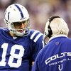 INDIANAPOLIS, IN - DECEMBER 5: Peyton Manning #18 of the Indianapolis Colts talks with Offensive Coordinator Tom Moore during the game against the Tennessee Titans at the RCA Dome on December 5, 2004 in Indianapolis, Indiana. (Photo by Andy Lyons/Getty Im