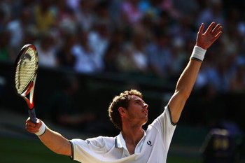 WIMBLEDON, ENGLAND - JULY 03:  Andy Murray of Great Britain serves during the men's singles semi final match against Andy Roddick of USA on Day Eleven of the Wimbledon Lawn Tennis Championships at the All England Lawn Tennis and Croquet Club on July 3, 20