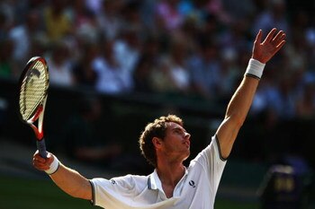 WIMBLEDON, ENGLAND - JULY 03:  Andy Murray of Great Britain serves during the men's singles semi final match against Andy Roddick of USA on Day Eleven of the Wimbledon Lawn Tennis Championships at the All England Lawn Tennis and Croquet Club on July 3, 20