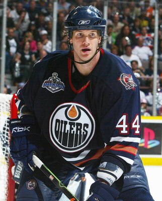 EDMONTON, AB - JUNE 17: Chris Pronger #44 of the Edmonton Oilers skates against the Carolina Hurricanes during game six of the 2006 NHL Stanley Cup Finals on June 17, 2006 at Rexall Place in Edmonton, Alberta, Canada. The Oilers defeated the Hurricanes 4-