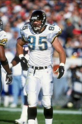 25 Oct 1998:  Linebacker Bryce Paup #95 of the Jacksonville Jaguars looks on during the game against the Denver Broncos at the Mile High Stadium in Denver, Colorado. The Broncos defeated the Jaguars 37-24. Mandatory Credit: Vincent Laforet  /Allsport