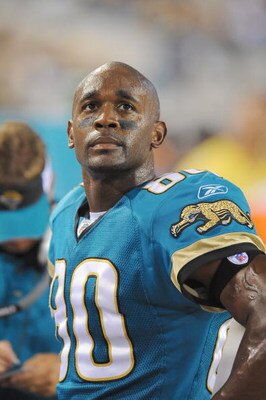 JACKSONVILLE, FL - OCTOBER 05:  Jerry Porter #80 of the Jacksonville Jaguars looks on from the sidelines during the game against the Pittsburgh Steelers at Jacksonville Municipal Stadium on October 5, 2008 in Jacksonville, Florida.  (Photo by Sam Greenwoo