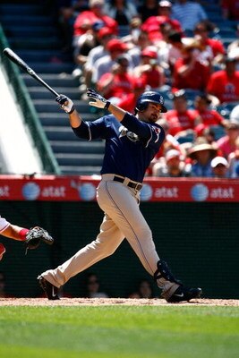 ANAHEIM, CA - JUNE 14:  Adrian Gonzalez #23 of the San Diego Padres bats against the Los Angeles Angels of Anaheim at Angel Stadium on June 14, 2009 in Anaheim, California. The Angels defeated the Padres 6-0.  (Photo by Jeff Gross/Getty Images)