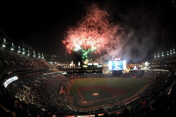 ATLANTA - APRIL 11: Fans of the Atlanta Braves watch a post-game fireworks display after play against the Washington Nationals April 11, 2009 at Turner Field in Atlanta, Georgia.  (Photo by Al Messerschmidt/Getty Images)