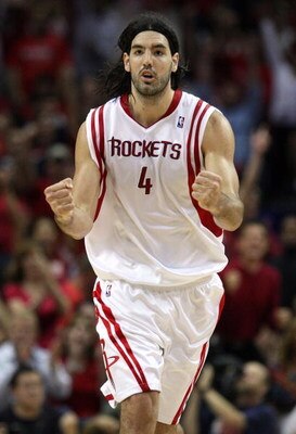 HOUSTON - APRIL 26:  Forward Luis Scola #4 of the Houston Rockets reacts during play against the Portland Trail Blazers in Game Four of the Western Conference Quarterfinals during the 2009 NBA Playoffs at Toyota Center on April 26, 2009 in Houston, Texas.