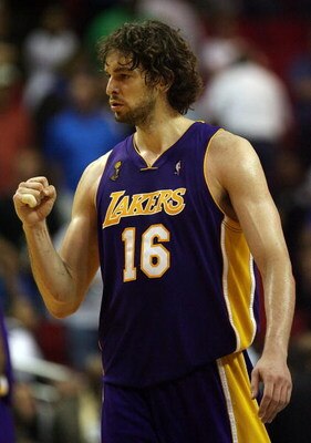 ORLANDO, FL - JUNE 11:  Pau Gasol #16 of the Los Angeles Lakers reacts in overtime before defeating the Orlando Magic 99-91 in Game Four of the 2009 NBA Finals on June 11, 2009 at Amway Arena in Orlando, Florida.  NOTE TO USER:  User expressly acknowledge