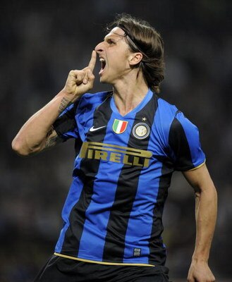 MILAN, ITALY - MAY 02:  Zlatan Ibrahimovic of Inter celebrates a goal during the Serie A match between Inter and Lazio at the Stadio Meazza on May 02, 2009 in Milan, Italy. (Photo by New Press/Getty Images)