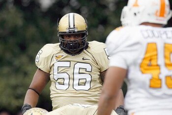 NASHVILLE, TN - NOVEMBER 22:  Greg Billinger #56 of the Vanderbilt Commodores looks over the line of scrimmage during the game against the Tennessee Volunteers at Vanderbilt Stadium on November 22, 2008 in Nashville, North Carolina.  (Photo by Kevin C. Co