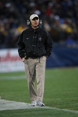 NASHVILLE, TN - DECEMBER 31:  Head coach Bobby Johnson of the Vanderbilt Commodores looks on against the Boston College Eagles during the Gaylord Hotels Music City Bowl at LP Field on December 31, 2008 in Nashville, Tennessee.  (Photo by Andy Lyons/Getty 