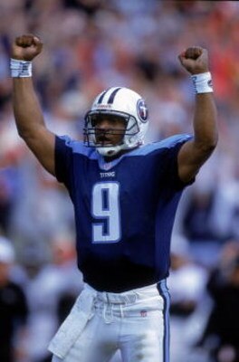 12 Nov 2000:  Steve McNair #9 of the Tennessee Titans celebrates during the game against the Baltimore Ravens at the Adelphia Colisuem in Nashville, Tennessee. The Ravens defeated the Titans 24-23.Mandatory Credit: Scott Halleran  /Allsport