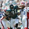 JACKSONVILLE, FL - SEPTEMBER 14:  Defensive end Reggie Hayward #97 of the Jacksonville Jaguars tries to get to get to quarterback Trent Edwards #5 of the Buffalo Bills at Jacksonville Municipal Stadium on September 14, 2008 in Jacksonville, Florida. The B