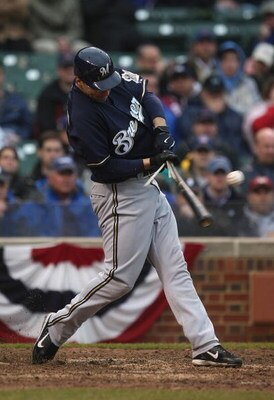 CHICAGO - MARCH 31:  Ryan Braun #8 of the Milwaukee Brewers hits a broken bat single in the 9th inning against the Chicago Cubs during the Opening Day game at Wrigley Field March 31, 2008 in Chicago, Illinois. The Brewers defeated the Cubs 4-3 in 10 innin