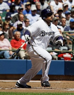MILWAUKEE - MAY 14:  Prince Fielder #28 of the Milwaukee Brewers runs after hitting the ball against the Florida Marlins on May 14, 2009 at Miller Park in Milwaukee, Wisconsin. The Brewers defeated the Marlins 5-3. (Photo by Jonathan Daniel/Getty Images)