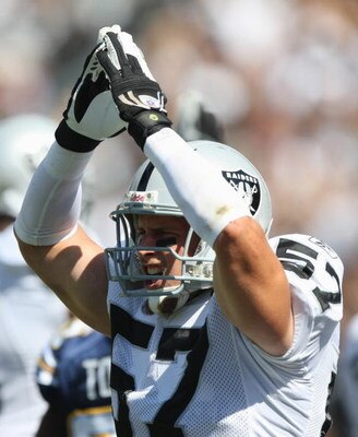 OAKLAND, CA - SEPTEMBER 28:  Ricky Brown #57 of the Oakland Raiders gestures during the game against the San Diego Chargers on September 28, 2008 at Oakland Coliseum in Oakland, California. (Photo by Jed Jacobsohn/Getty Images)
