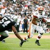 OAKLAND, CA - SEPTEMBER 23:  Running back Jamal Lewis #31 of the Cleveland Browns runs around linebacker Sam Williams #54 of the Oakland Raiders to score on a 1-yard run against in a 26-24 loss at McAfee Coliseum on September 23, 2007 in Oakand, Californi