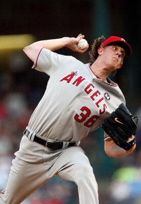 ARLINGTON, TX - JULY 1:  Pitcher Jered Weaver #36 of the Los Angeles Angels of Anaheim throws against the Texas Rangers at Rangers Ballpark July 1, 2009 in Arlington, Texas.  (Photo by Ronald Martinez/Getty Images)