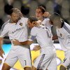 CARSON, CA - MAY 30:  (L-R) Chris Klein #7, Landon Donovan #10, Todd Dunivant #2 and Edson Buddle #14 of the Los Angeles Galaxy celebrate after Buddle's goal late in the second half to draw even at 1-1 against the Kansas City Wizards during the MLS match 