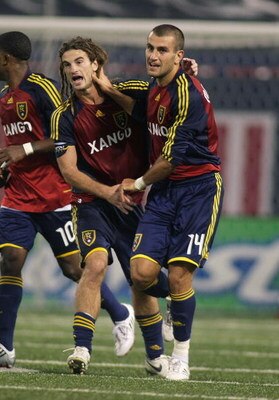 EAST RUTHERFORD, NJ - SEPTEMBER 13:  Yura Movsisyan #14 of the Real Salt Lake celebrates his first half goal with teammate  Kyle Beckerman #5  against the New York Red Bulls at Giants Stadium in the Meadowlands on September 13, 2008 in East Rutherford, Ne