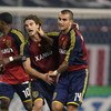 EAST RUTHERFORD, NJ - SEPTEMBER 13:  Yura Movsisyan #14 of the Real Salt Lake celebrates his first half goal with teammate  Kyle Beckerman #5  against the New York Red Bulls at Giants Stadium in the Meadowlands on September 13, 2008 in East Rutherford, Ne