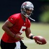 TAMPA, FL - MAY 01:  Quarterback Josh Freeman #5 of the Tampa Bay Buccaneers works out during the Buccaneers Rookie Minicamp at One Buccaneer Place on May 1, 2009 in Tampa, Florida.  (Photo by J. Meric/Getty Images)