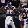 MINNEAPOLIS - JANUARY 4:  Adrian Peterson #28 of the Minnesota Vikings celebrates his touchdown with teammate Jeff Dugan #83 in the first half against the Philadelphia Eagles during the NFC Wild Card playoff game on January 4, 2009 at the Hubert H. Humphr