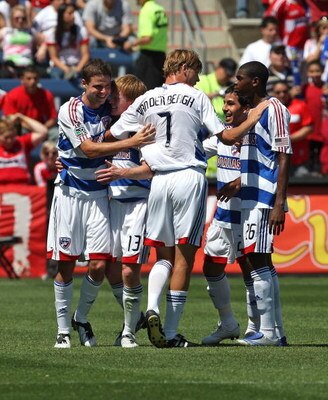 BRIDGEVIEW, IL - MAY 31: (L-R) Drew Moor #3, Dax McCarty #13, Dave van den Bergh #7, Alvaro Sanchez #21 and Anthony Wallace #26 of FC Dallas celebrate a goal against the Chicago Fire on May 31, 2009 at Toyota Park in Bridgeview, Illinois. FC Dallas defeat