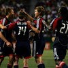 CARSON, CA - JULY 04:  Adam Cristman #7, Steve Ralston #14, Chris Albright #3 and Shalrie Joseph #21 of the New England Revolution celebrate Cristman's second of two goals in the first half against the Los Angeles Galaxy during their MLS match at the Home
