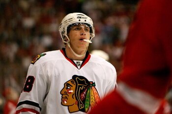 DETROIT - MAY 27: Patrick Kane #88 of the Chicago Blackhawks looks on against the Detroit Red Wings during Game Five of the Western Conference Championship Round of the 2009 Stanley Cup Playoffs on May 27, 2009 at Joe Louis Arena in Detroit, Michigan. Th