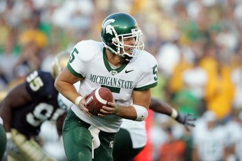 SOUTH BEND, IN - SEPTEMBER 17:   Drew Stanton #5 of  the Michigan State Spartans drops back during the game with the Notre Dame Fighting Irish on September 17, 2005 at Notre Dame Stadium in South Bend, Indiana.  The Spartans defeated the Irish 44-41 in ov