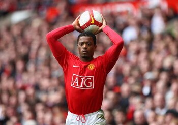 MANCHESTER, UNITED KINGDOM - MARCH 14:  Patrice Evra of Manchester United takes a throw in during the Barclays Premier League match between Manchester United and Liverpool at Old Trafford on March 14, 2009 in Manchester, England.  (Photo by Laurence Griff