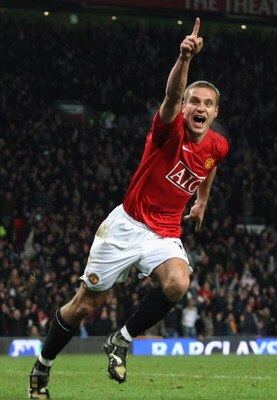 MANCHESTER, UNITED KINGDOM - DECEMBER 06:  Nemanja Vidic of Manchester United celebrates scoring the winning goal during the Barclays Premier League match between Manchester United and Sunderland at Old Trafford on December 6, 2008 in Manchester, England.