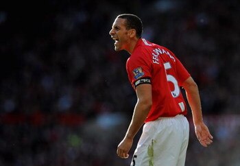 MANCHESTER, UNITED KINGDOM - APRIL 25:  Rio Ferdinand of Manchester United shouts to his team mates during the Barclays Premier League match between Manchester United and Tottenham Hotspur at Old Trafford on April 25, 2009 in Manchester, England. (Photo b