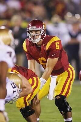 LOS ANGELES - NOVEMBER 29:  Mark Sanchez #6 of the USC Trojans stands under center against the Notre Dame Fighting Irish on November 29, 2008 at the Los Angeles Memorial Coliseum in Los Angeles, California.  USC won 38-3.  (Photo by Jeff Golden/Getty Imag