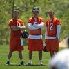 LAKE FOREST, IL - MAY 20: (L-R) Quarterbacks Brett Basanez #14, Jay Cutler #6 and Caleb Hanie #12 of the Chicago Bears watch a kicking drill during an organized team activity (OTA) practice on May 20, 2009 at Halas Hall in Lake Forest, Illinois. (Photo by