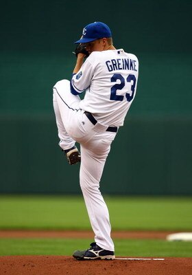 KANSAS CITY, MO - JUNE 17:  Starting pitcher Zack Greinke #23 of the Kansas City Royals pitches just prior to the start of the game against  the Arizona Diamondbacks on June 17, 2009 at Kauffman Stadium in Kansas City, Missouri.  (Photo by Jamie Squire/Ge