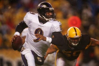 PITTSBURGH - NOVEMBER 05:  Steve McNair #9 of the Baltimore Ravens looks to pass against the Pittsburgh Steelers on November 5, 2007 at Heinz Field in Pittsburgh, Pennsylvania.  (Photo by Chris McGrath/Getty Images)  