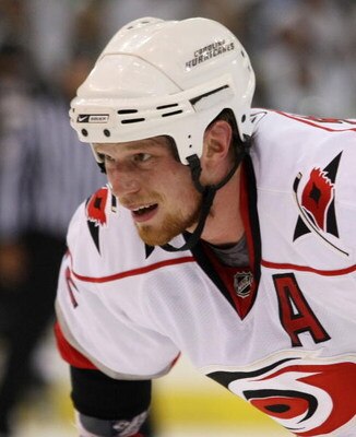 PITTSBURGH - MAY 21:  Eric Staal #12 of the Carolina Hurricanes waits for a faceoff against the Pittsburgh Penguins during Game Two of the Eastern Conference Championship Round of the 2009 Stanley Cup Playoffs at Mellon Arena on May 21, 2009 in Pittsburgh