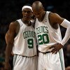 BOSTON - MAY 17:  Rajon Rondo #9 and Ray Allen #20 of the Boston Celtics talk as the Orlando Magic shoot a free throw in Game Seven of the Eastern Conference Semifinals during the 2009 NBA Playoffs at TD Banknorth Garden on May 17, 2009 in Boston, Massach