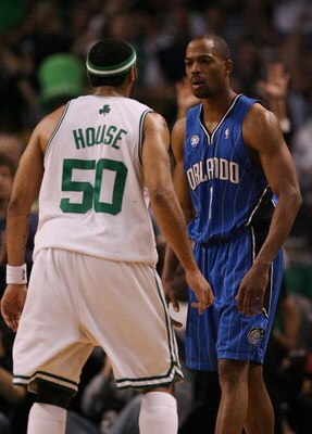 BOSTON - MAY 06:  Rafer Alston #1 of the Orlando Magic and Eddie House #50 of the Boston Celtics exchange words after House scored a three-point shot in the second half in Game Two of the Eastern Conference Semifinals during the 2009 NBA Playoffs at TD Ba