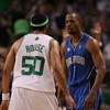 BOSTON - MAY 06:  Rafer Alston #1 of the Orlando Magic and Eddie House #50 of the Boston Celtics exchange words after House scored a three-point shot in the second half in Game Two of the Eastern Conference Semifinals during the 2009 NBA Playoffs at TD Ba