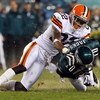 PHILADELPHIA - DECEMBER 15:  DeSean Jackson #10 of the Philadelphia Eagles gets tackled by Brandon McDonald #22 of the Cleveland Browns on December 15, 2008 at Lincoln Financial Field in Philadelphia, Pennsylvania.  (Photo by Jim McIsaac/Getty Images)