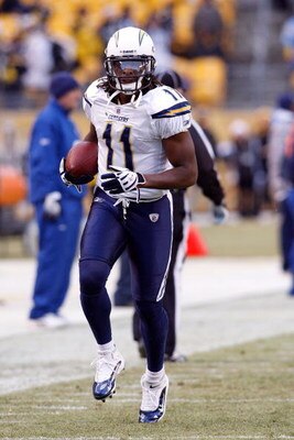 PITTSBURGH - JANUARY 11:  Legedu Naanee #11 of the San Diego Chargers  warms up against the Pittsburgh Steelers during their AFC Divisional Playoff Game on January 11, 2009 at Heinz Field in Pittsburgh, Pennsylvania. STeelers won 35-24.  (Photo by Chris G