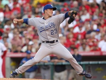 ANAHEIM, CA - MAY 09:  Pitcher Zack Greinke #23 of the Kansas City Royals throws a pitch against the Los Angeles Angels of Anaheim on May 9, 2009 at Angel Stadium in Anaheim, California. The Angels won 1-0.  (Photo by Stephen Dunn/Getty Images)