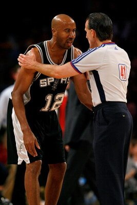 LOS ANGELES, CA - MAY 23:  Bruce Bowen #12 of the San Antonio Spurs discusses a call with referee Ken Mauer in the first quarter against the Los Angeles Lakers in Game Two of the Western Conference Finals during the 2008 NBA Playoffs on May 23, 2008 at St