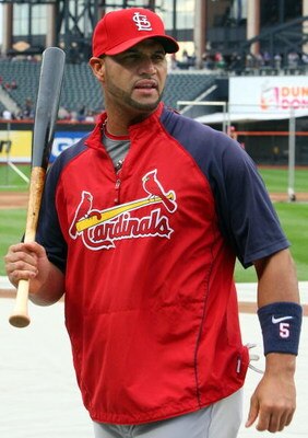 NEW YORK - JUNE 22:  Albert Pujols #5 of the St. Louis Cardinals looks on during batting practice before playing the New York Mets on June 22, 2009 at Citi Field in the Flushing neighborhood of the Queens borough of New York City.  (Photo by Jim McIsaac/G