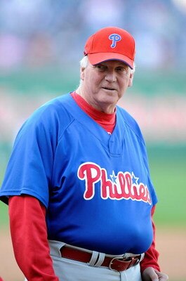 WASHINGTON - APRIL 16:  Manager Charlie Manuel of the Philadelphia Phillies watches batting practice before the game against the Washington Nationals at Nationals Park on April 16, 2009 in Washington, DC.  (Photo by Greg Fiume/Getty Images)