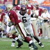 TAMPA, FL - DECEMBER 6: Defensive end Jason Worilds #6 of the Virginia Tech Hokies forces a fumble by quarterback Dominique Davis #15 of the Boston College Eagles in the 2008 ACC Football Championship game at Raymond James Stadium on December 6, 2008 in T